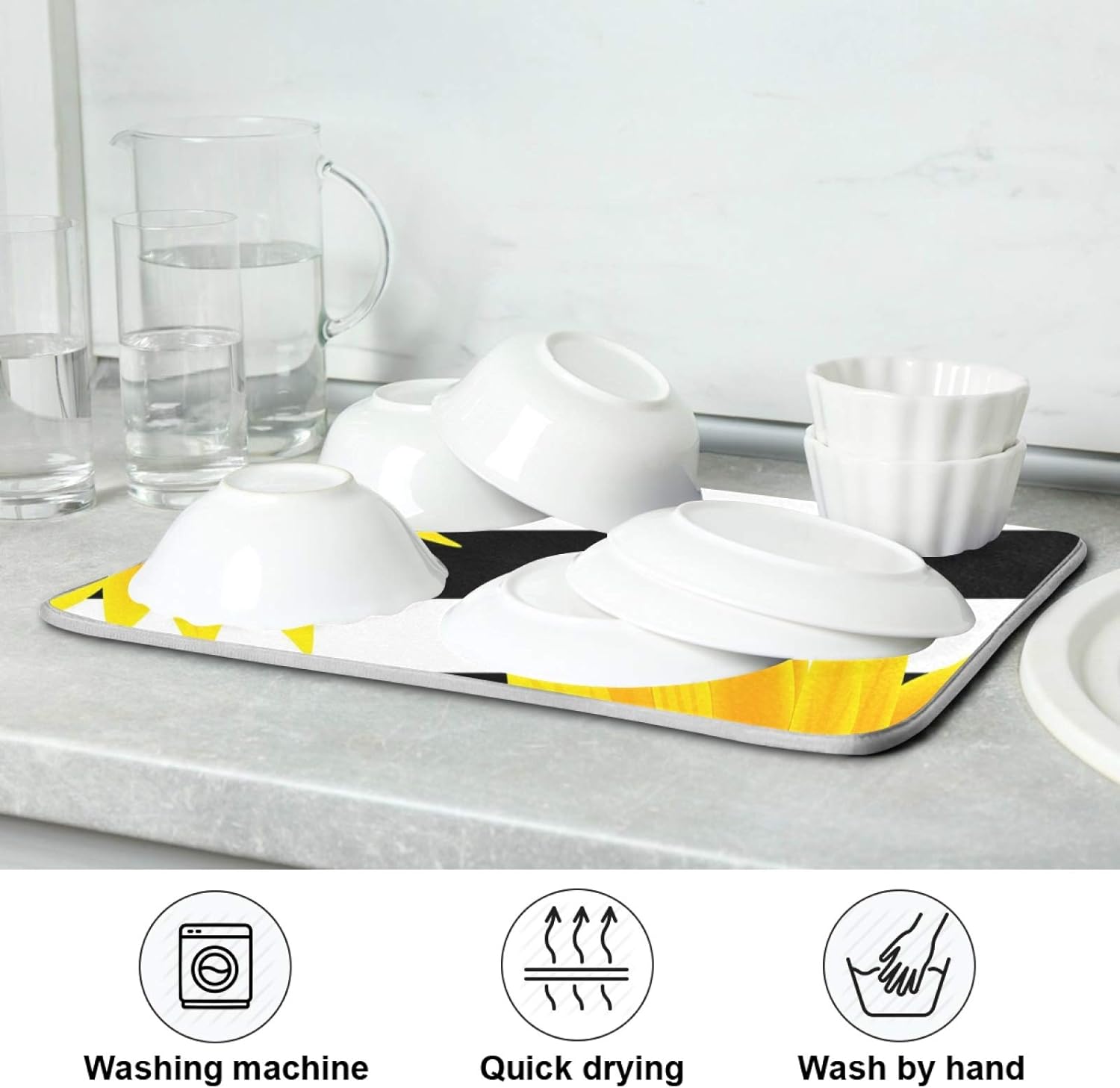 Black White Stripes Sunflowers Dish Drying Mat for Kitchen Absorbent Microfiber Pad Heat-resistant Drainer Mats Countertops Sinks Protector 16x18